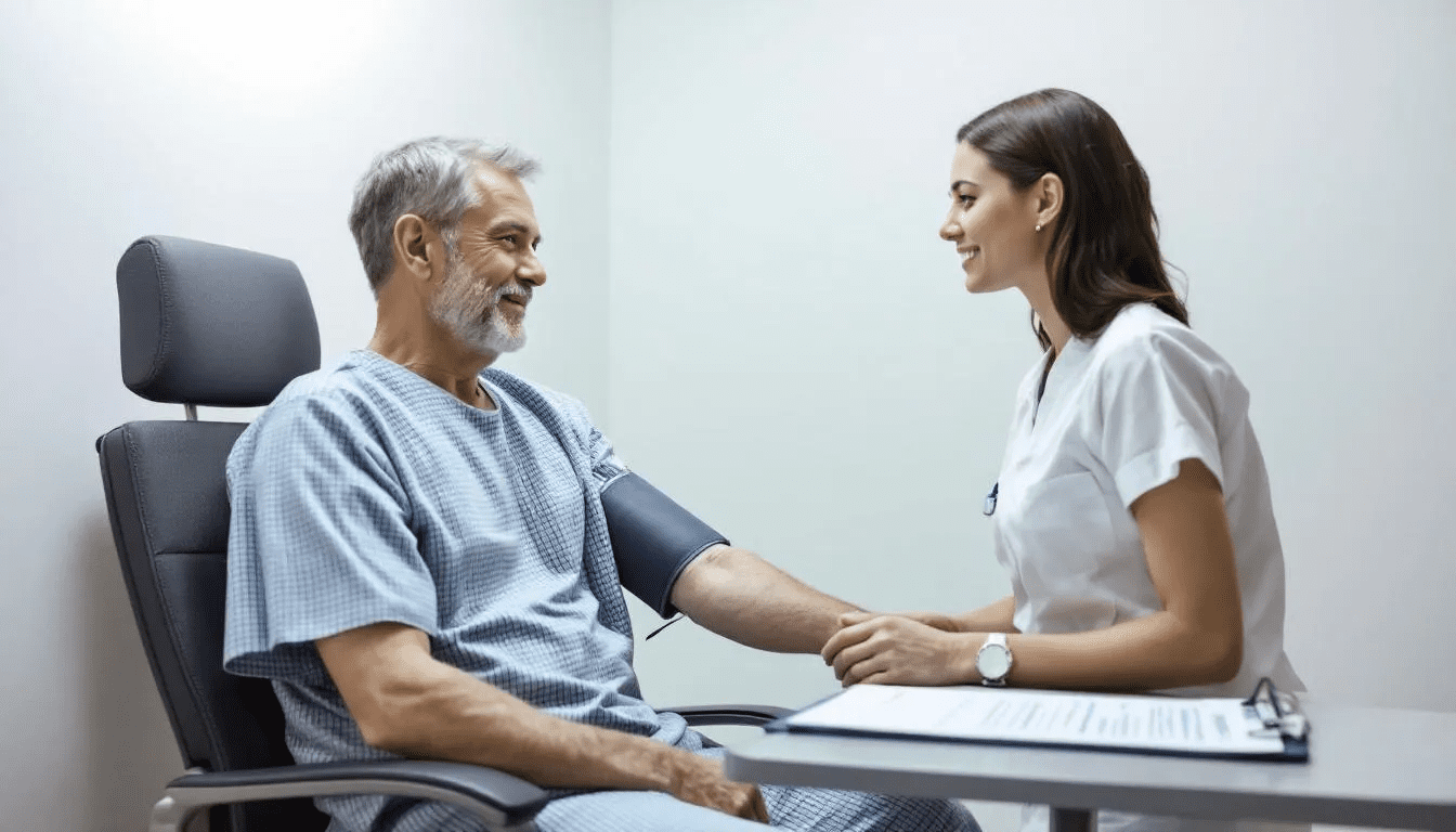 Wizytę u lekarza ilustruje pacjent, który mierzy poziom cukru we krwi, co jest kluczowe w diagnostyce i leczeniu cukrzycy. Badanie to pomaga w monitorowaniu stężenia glukozy i identyfikacji objawów cukrzycy, takich jak nadmierne pragnienie czy częste oddawanie moczu.