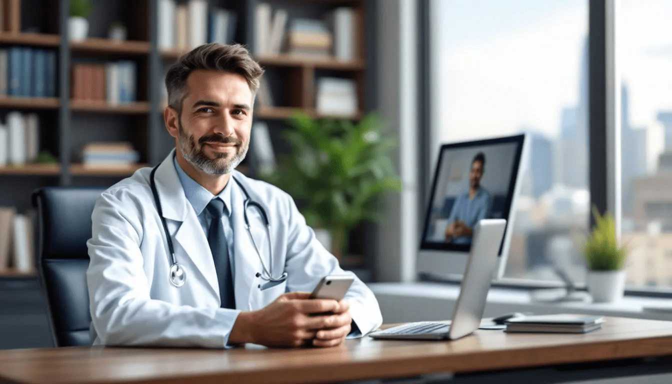 Na obrazie widzimy lekarza psychiatrę prowadzącego konsultację psychiatryczną online z pacjentem przez telefon. Lekarz uśmiecha się, co sugeruje przyjazną atmosferę, a pacjent wydaje się skupiony na rozmowie, co wskazuje na ich wspólne dążenie do poprawy zdrowia psychicznego.
