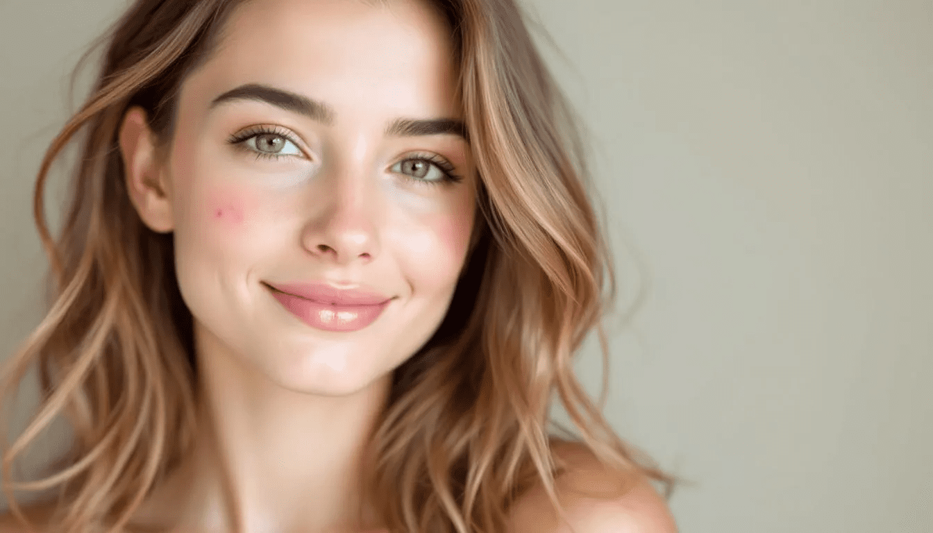 . The image features a young woman with a noticeable cold sore on her lips, which is a common symptom of the herpes simplex virus. Her expression is neutral, and she has long hair, highlighting the contrast between her beauty and the presence of the herpes sore.