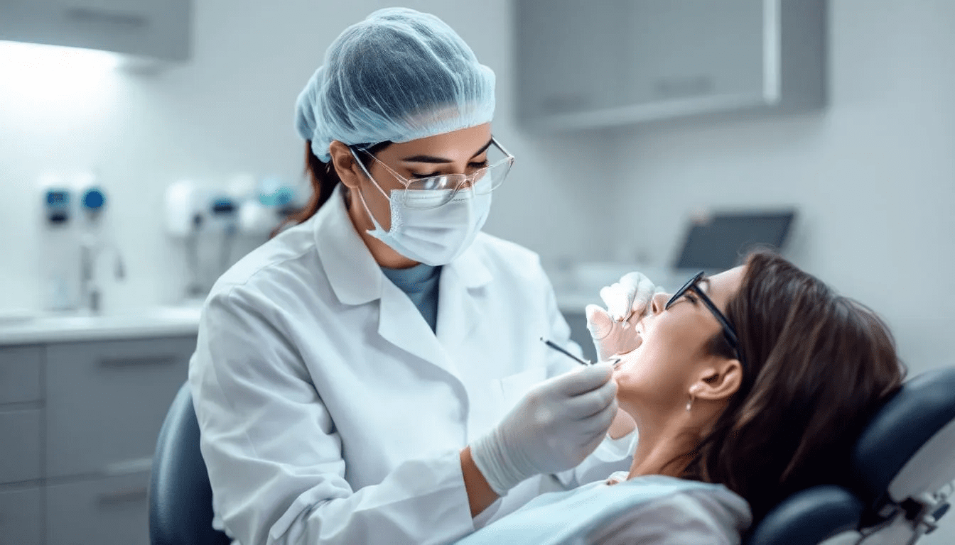 W gabinecie stomatologicznym dentysta bada pacjenta, który odczuwa silny ból zęba, prawdopodobnie spowodowany zapaleniem miazgi lub ropniem zęba. W tle widać narzędzia stomatologiczne, które są używane do leczenia bólu zęba i usunięcia próchnicy.