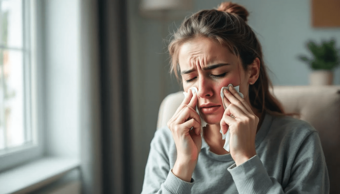 . The image depicts an anatomical illustration of the sinus cavities, highlighting the inflamed areas associated with "zapalenie zatok," showing swollen mucous membranes and potential blockages in the nasal passages.