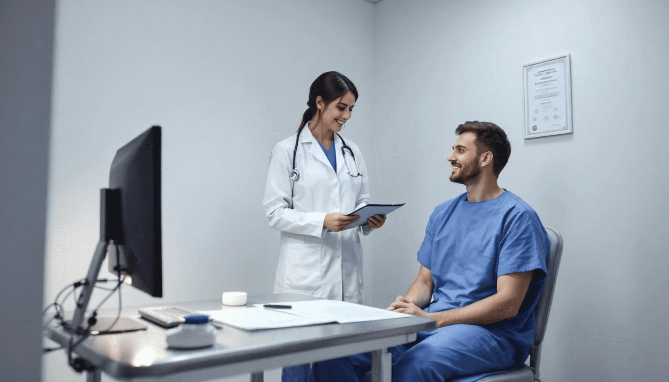 . The image depicts a patient visiting a doctor for a consultation, possibly discussing issues related to chlamydia trachomatis, which can cause conditions such as zapalenie cewki moczowej and zapalenie szyjki macicy. The doctor is likely providing information about symptoms and risks associated with sexually transmitted infections.