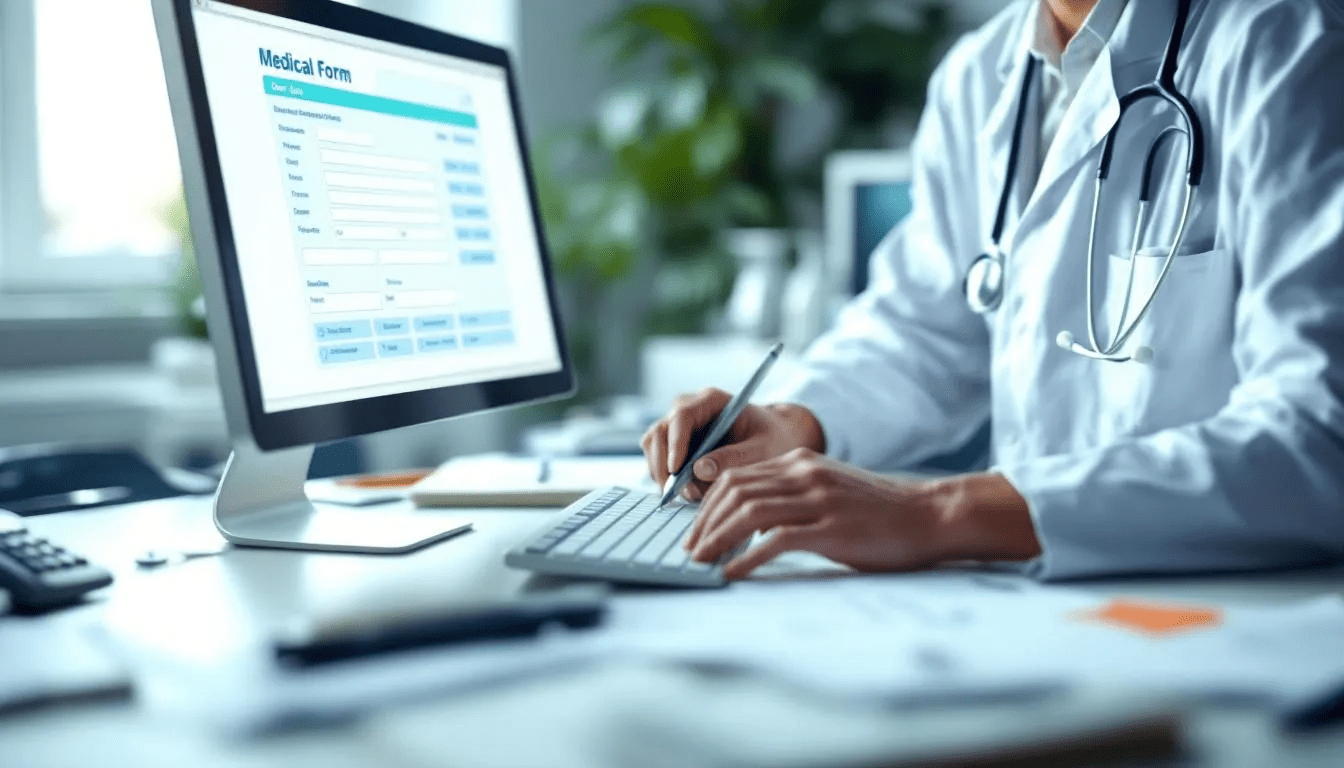 . The image depicts a doctor filling out an electronic zwolnienie lekarskie (sick leave certificate) on a computer, highlighting the process of obtaining an e-zwolnienie online while assessing the patient's health condition.