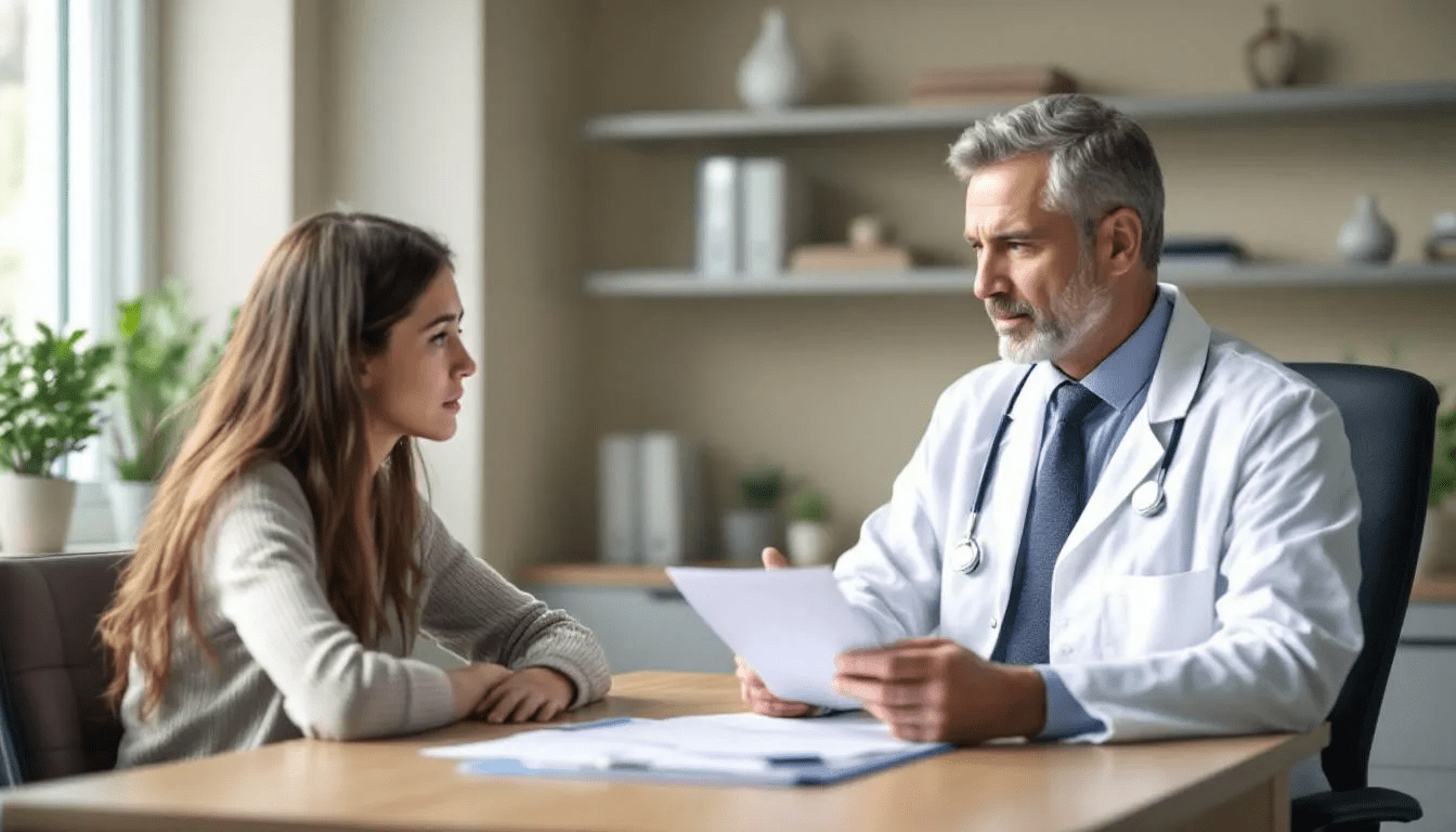 . W obrazie lekarz psychiatra przepisuje lek nasen pacjentowi, omawiając skutki uboczne i działania niepożądane, takie jak zaburzenia snu i reakcje nadwrażliwości. Na biurku znajdują się tabletki oraz notatki dotyczące leczenia bezsenności.