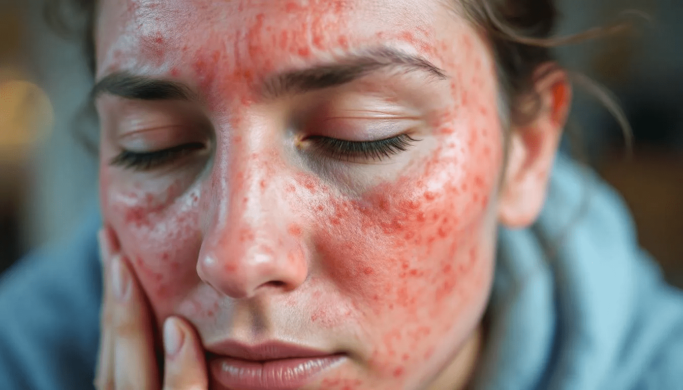 . The image depicts a person with visible symptoms of atopowe zapalenie skóry, showcasing dry, inflamed patches on their skin, particularly on the arms and face, which may indicate a flare-up of this chronic skin condition. Additionally, the background includes elements related to skin care and treatment options for łagodzenie objawów and maintaining naturalnej bariery ochronnej.