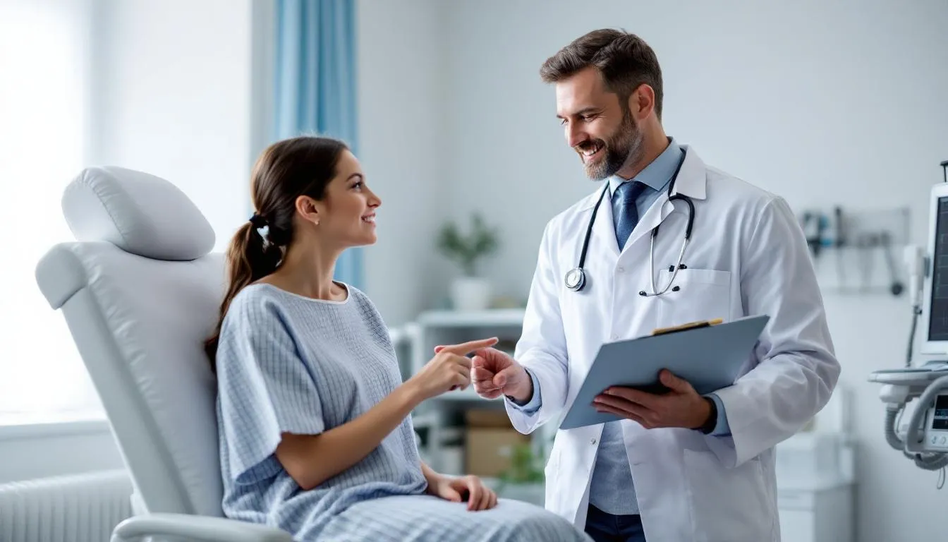 <p>Na obrazie lekarz przepisuje pacjentowi dawkowanie leku Xanax, wskazując na zalecaną dawkę początkową wynoszącą 0,5 mg oraz omawia skutki uboczne, takie jak osłabienie siły mięśniowej i ryzyko uzależnienia. W tle widać biurko z dokumentami medycznymi oraz sprzętem lekarskim.</p>