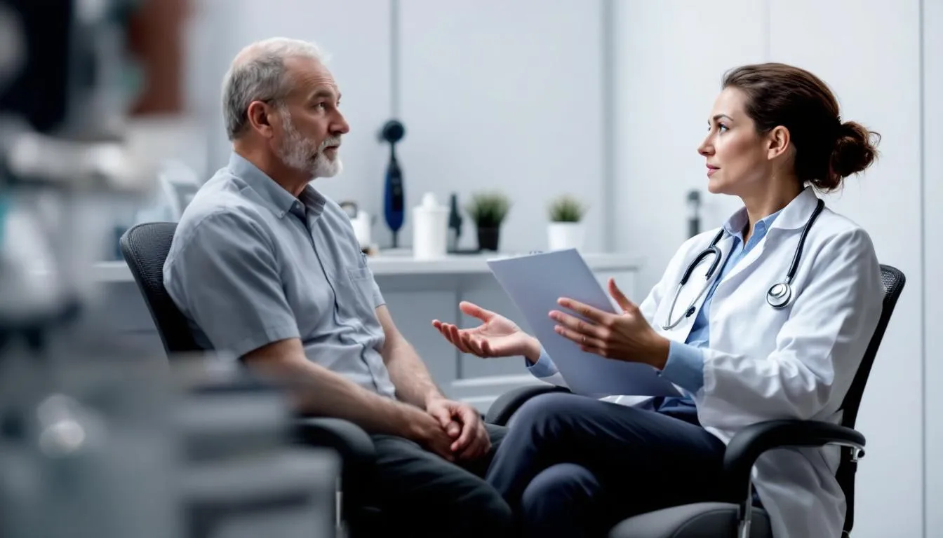 Lekarz rozmawia z pacjentem w gabinecie lekarskim, informując go o koszcie recepty oraz możliwościach zamówienia recepty online przez internetowe konto pacjenta. W tle widoczne są przybory medyczne i dokumenty medyczne.