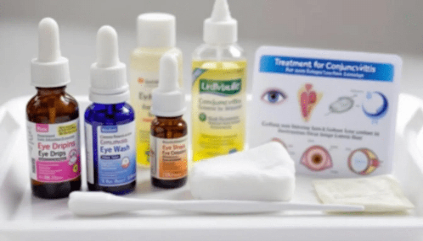 . The image showcases various treatment methods for conjunctivitis, including eye drops, highlighting the importance of addressing both bacterial and viral forms of the condition, as well as allergic conjunctivitis. Visual elements emphasize the need for proper care and management of symptoms such as redness and excessive tearing.