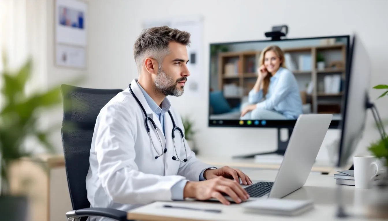 Na obrazie lekarz siedzi w gabinecie, rozmawiając online z pacjentem. W trakcie konsultacji online ocenia stan zdrowia pacjenta oraz omawia zasady wystawienia zwolnienia lekarskiego w formie elektronicznej.