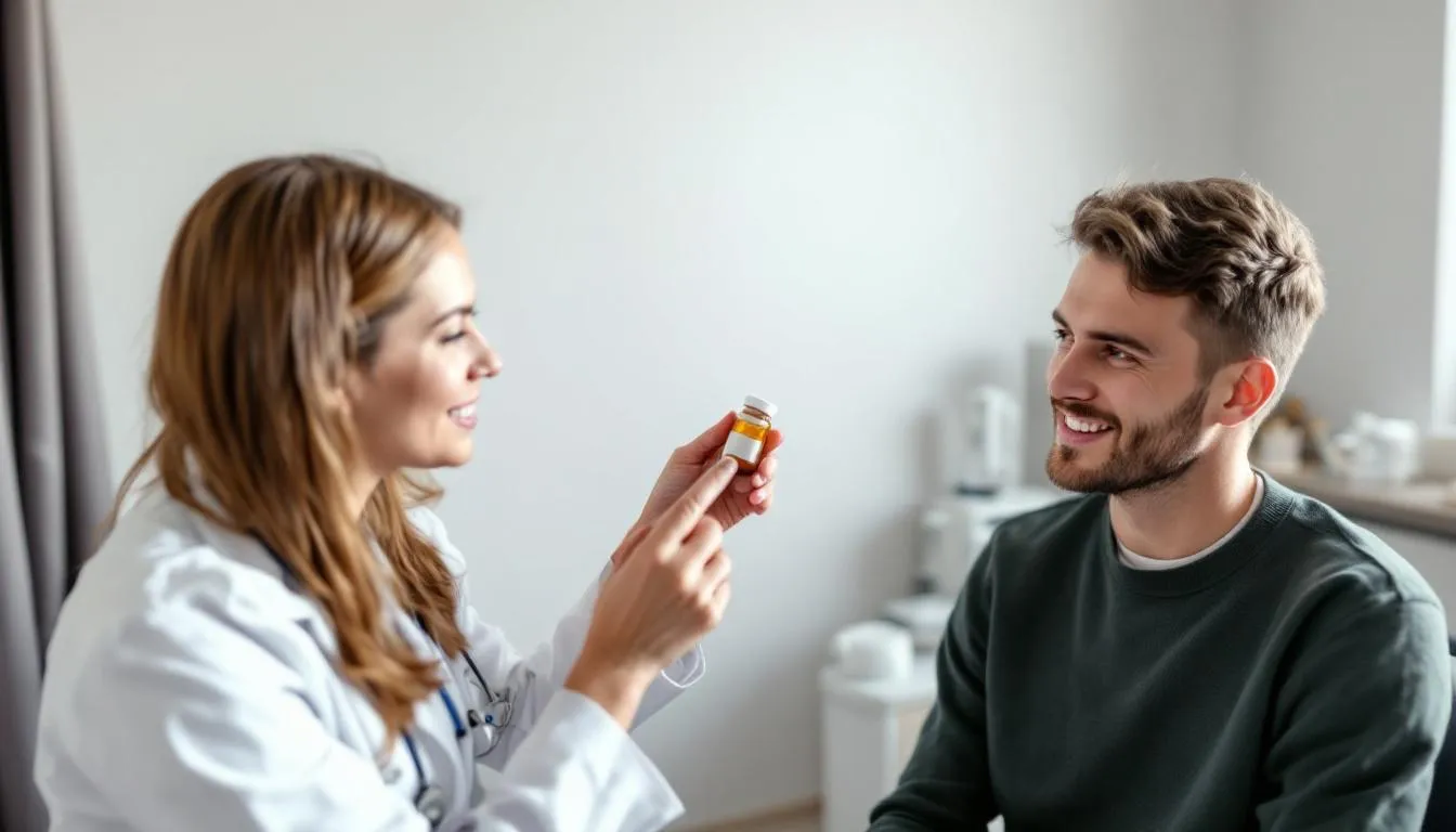 W obrazie lekarz demonstruje pacjentowi, jak prawidłowo dawkować lek zolpidem, który jest stosowany w leczeniu bezsenności. W tle widać przyrządy medyczne oraz ulotki informacyjne dotyczące działania leku i jego dawkowania, co podkreśla znaczenie przestrzegania zaleceń lekarza w kontekście stosowania preparatu.