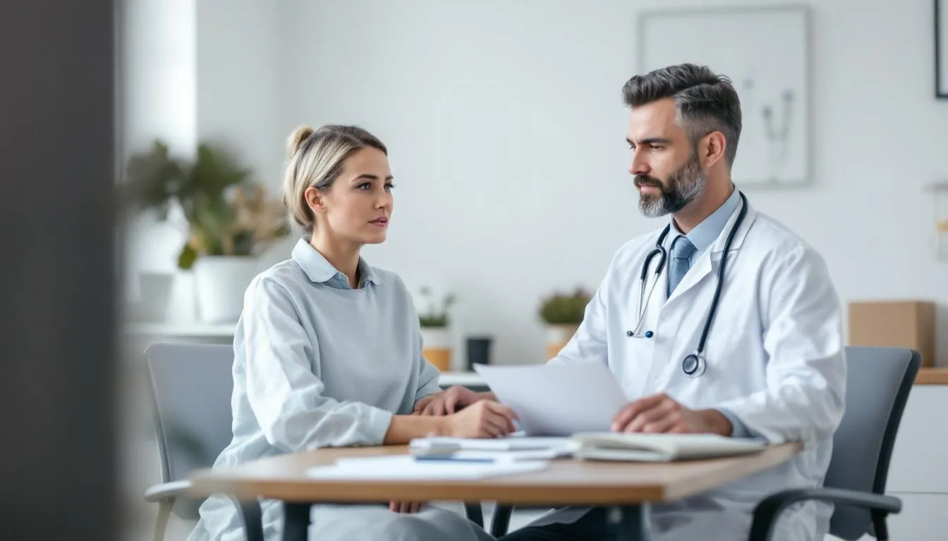 W gabinecie lekarskim lekarz rozmawia z pacjentem, który może doświadczać bólu o nasileniu umiarkowanym. Lekarz omawia możliwości leczenia, w tym zastosowanie leków przeciwbólowych, takich jak lek doreta, oraz informuje o potencjalnych działaniach niepożądanych, jak zawroty głowy czy zaburzenia snu.