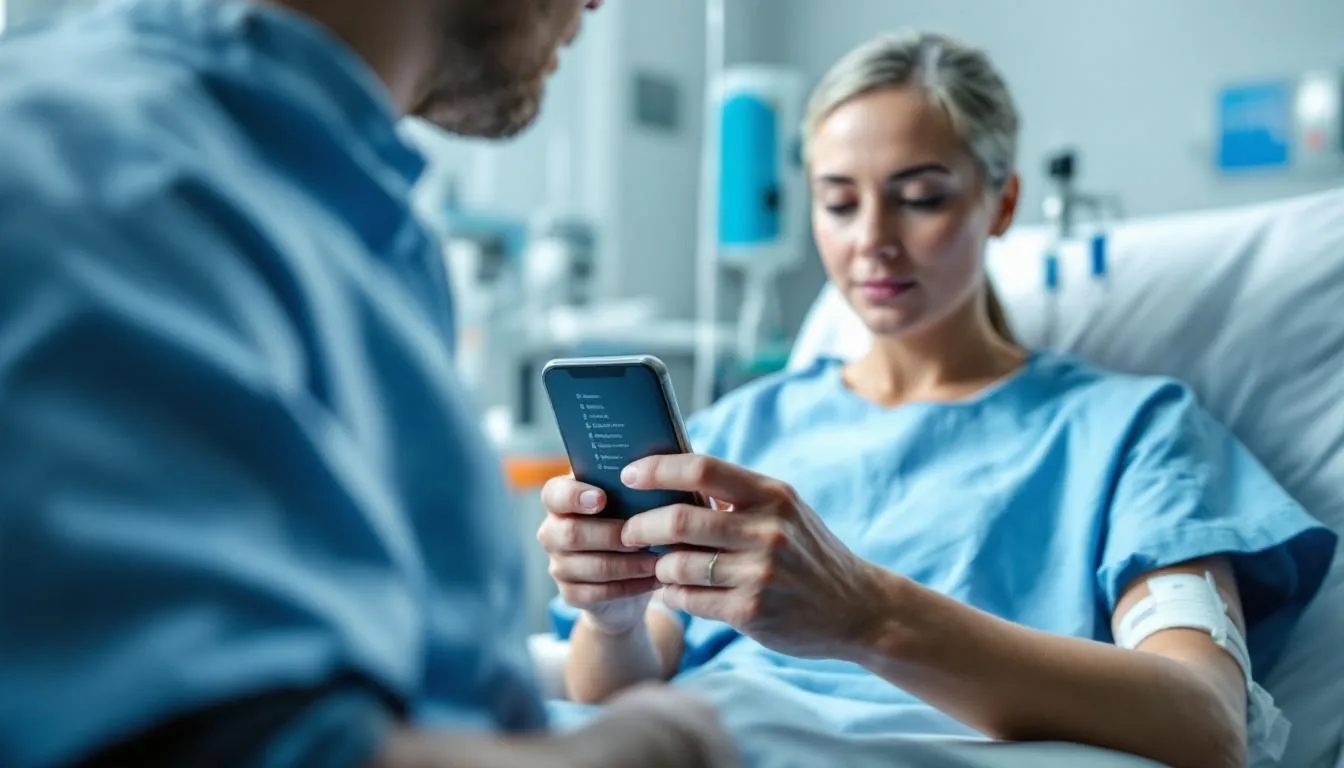 . Widzimy pacjenta, który sprawdza na swoim telefonie informacje dotyczące przepisanych leków, korzystając z internetowego konta pacjenta, aby uzyskać szczegóły dotyczące e-recepty i obecnego dawkowania leku.