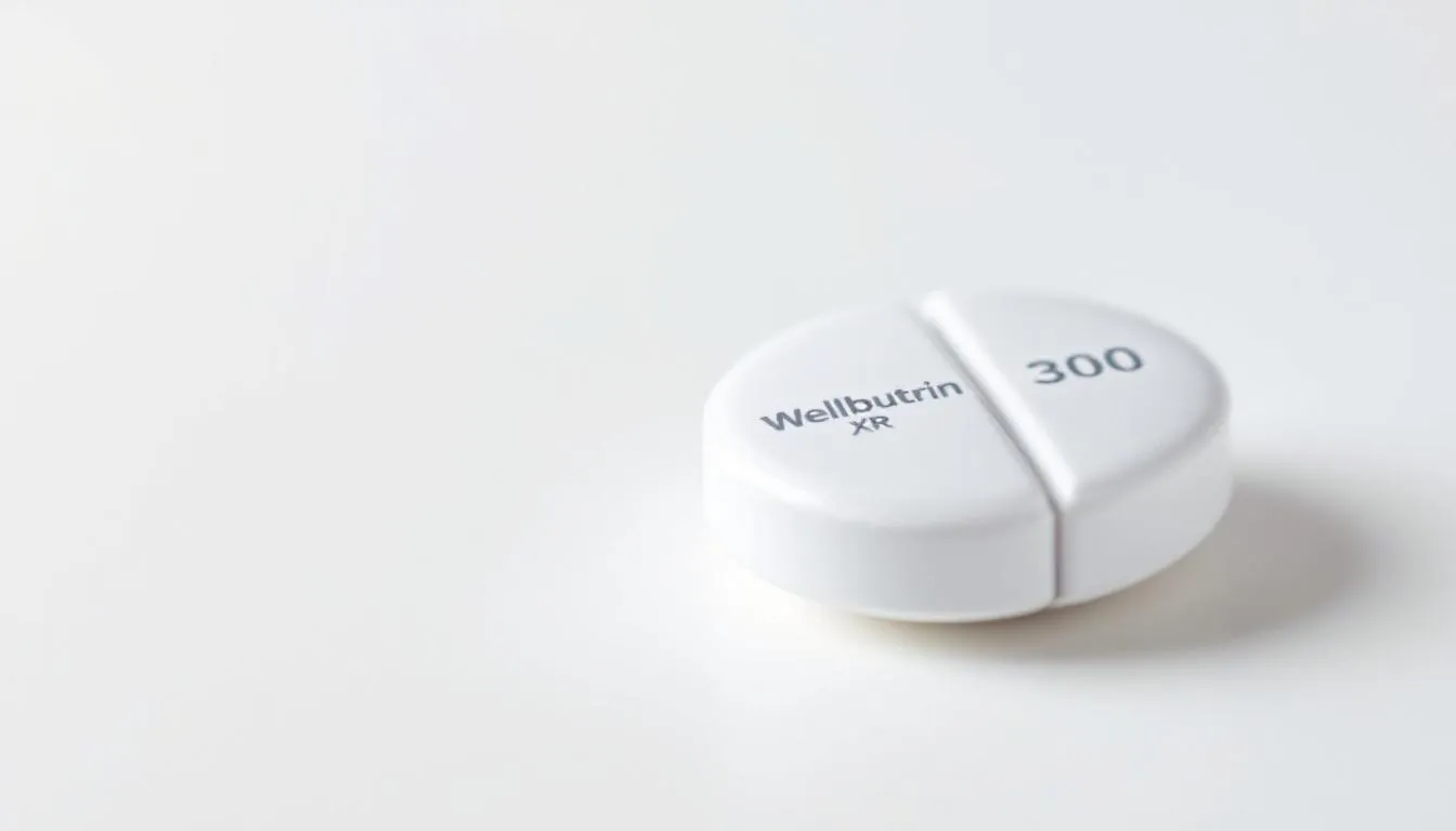 . The image features a medication leaflet for Wellbutrin XR, detailing information about its active ingredients, uses in treating depression, and potential side effects such as dizziness and dry mouth. It also includes warnings about interactions with other medications and the importance of consulting a doctor before use.