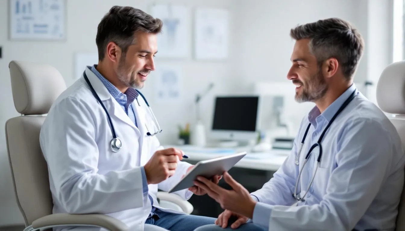 W obrazie lekarz pokazuje pacjentowi informacje dotyczące leczenia depresji, omawiając różne metody, takie jak leki przeciwdepresyjne i psychoterapia. Atmosfera jest profesjonalna, a pacjent wydaje się zainteresowany i zaangażowany w rozmowę na temat skuteczności i ewentualnych skutków ubocznych terapii.