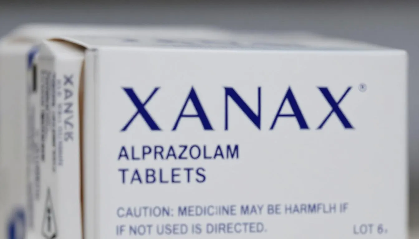 . Opakowanie leku Xanax zawiera tabletki o różnych dawkach, w tym 0,25 mg i 0,5 mg, stosowane w leczeniu zaburzeń lękowych oraz innych problemów zdrowotnych, takich jak zaburzenia pamięci czy osłabienie siły mięśniowej. Na etykiecie znajdują się również informacje o działaniach niepożądanych oraz zalecenia dotyczące stosowania leku.