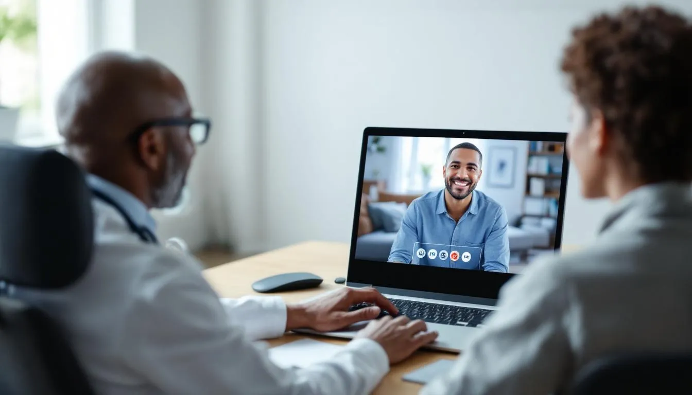 <alt text> The image depicts a doctor engaging in an online consultation with a patient, illustrating the convenience of teleporady online for medical advice without the need for in-person visits. The scene highlights the accessibility of healthcare through virtual means, allowing patients to discuss their health concerns from the comfort of their own homes. </alt text>