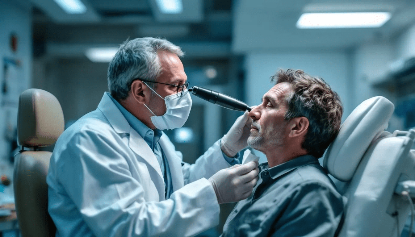 . A doctor is examining a patient who is suffering from zapalenie zatok, focusing on the symptoms and potential treatment options for this condition, which may include przewlekłe zapalenie zatok or ostre zapalenie zatok przynosowych. The setting suggests a medical environment, highlighting the importance of proper diagnosis and management of sinus inflammation.