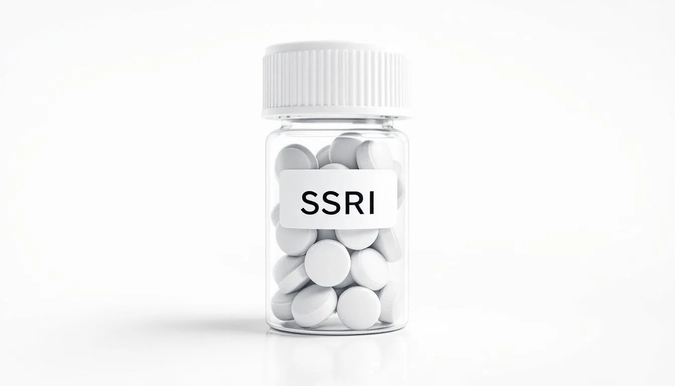 . The image depicts various selective serotonin reuptake inhibitors (SSRIs), a common class of antidepressants used in the treatment of depression, highlighting their role in managing symptoms of depressive disorders.