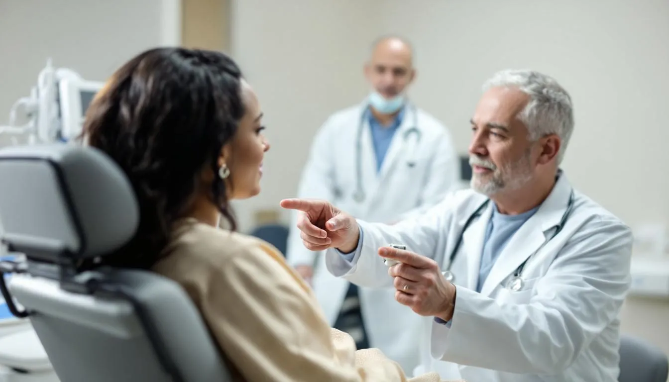 . W obrazie lekarz wyjaśnia pacjentowi, jak działają leki przeciwdepresyjne, w tym trójpierścieniowe leki przeciwdepresyjne oraz selektywne inhibitory wychwytu serotoniny. Pacjent z zainteresowaniem słucha, a lekarz pokazuje schematy ilustrujące leczenie depresji i objawy depresji.