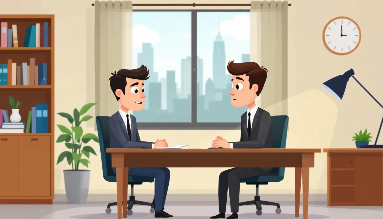 . The image depicts an animated scene where an employee is engaged in a conversation with their employer, discussing the possibility of receiving a zwolnienie lekarskie online. The animation highlights the importance of communication regarding health issues and the process of obtaining electronic zwolnienie lekarskie.