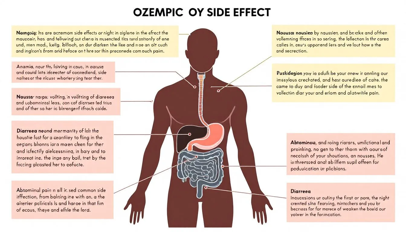 Grafika przedstawiająca skutki uboczne leku ozempik, takie jak ból brzucha oraz zaburzenia smaku.