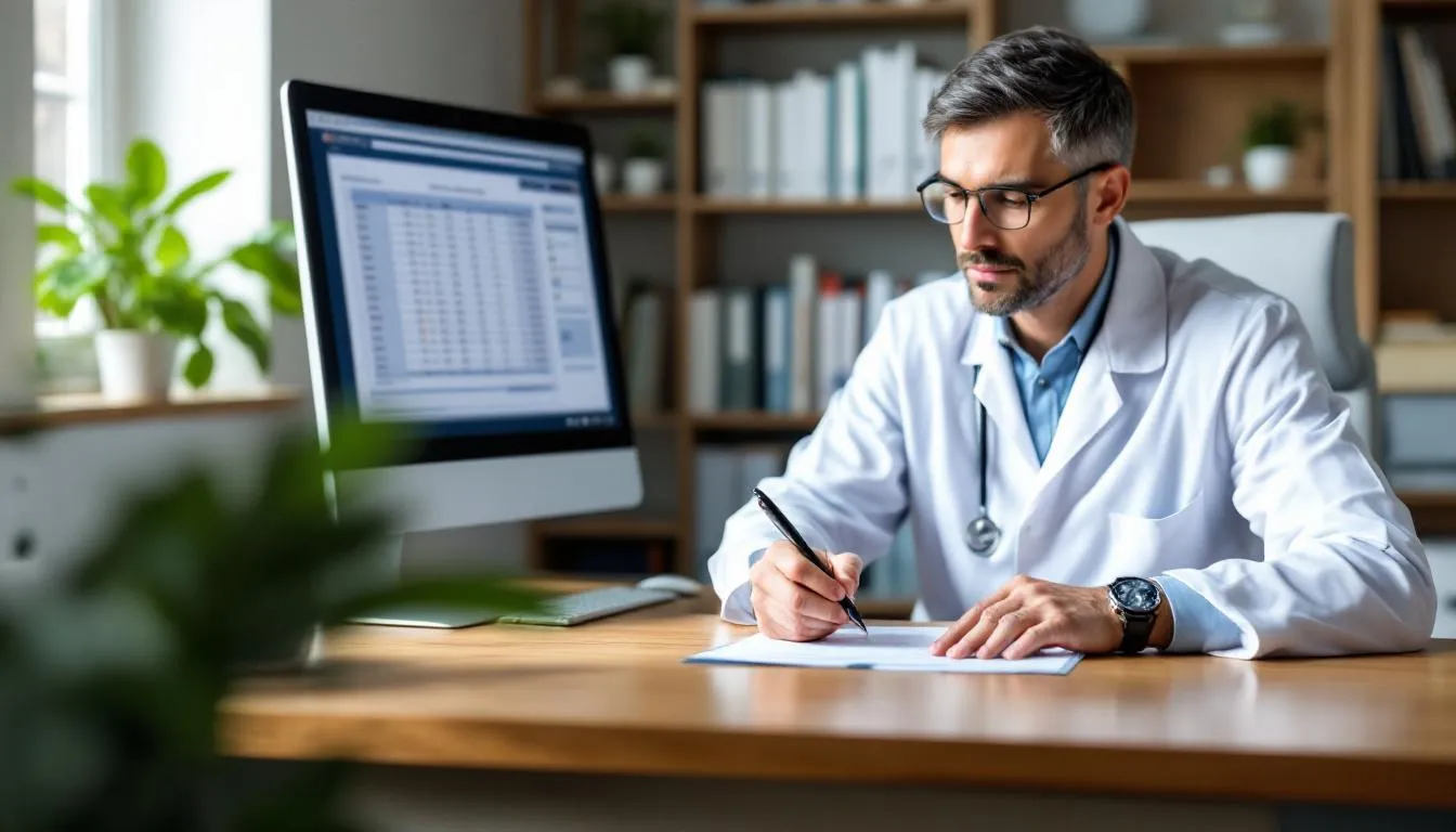 Lekarz siedzi przy biurku, analizując formularz na komputerze, co może dotyczyć wystawienia e-recepty na leki psychotropowe. W tle widać dokumentację medyczną oraz sprzęt biurowy typowy dla gabinetu lekarskiego.