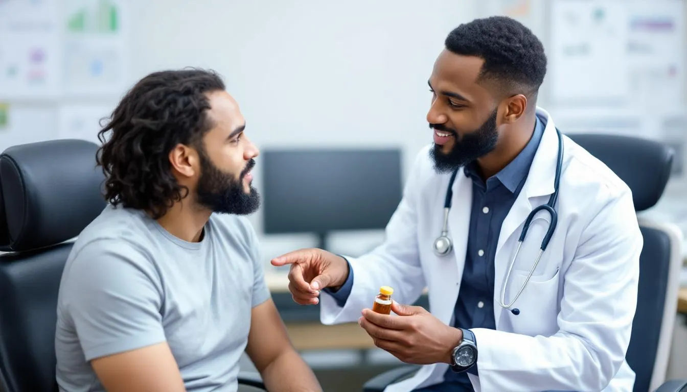 Wizja przedstawia lekarza, który wyjaśnia pacjentowi zastosowanie leku ozempic w kontekście leczenia otyłości i regulacji poziomu cukru we krwi.