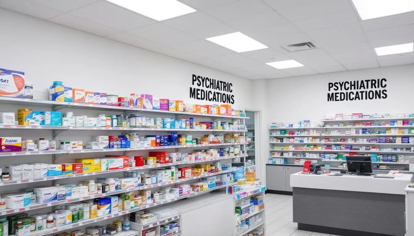 <img src="apteka_leki_psychiatryczne.jpg" alt="Wnętrze apteki z półkami pełnymi różnych leków, w tym leki psychotropowe, oraz stanowisko do realizacji e-recept. W tle widoczny jest komputer, na którym można uzyskać e-receptę lub skonsultować się online z lekarzem." />