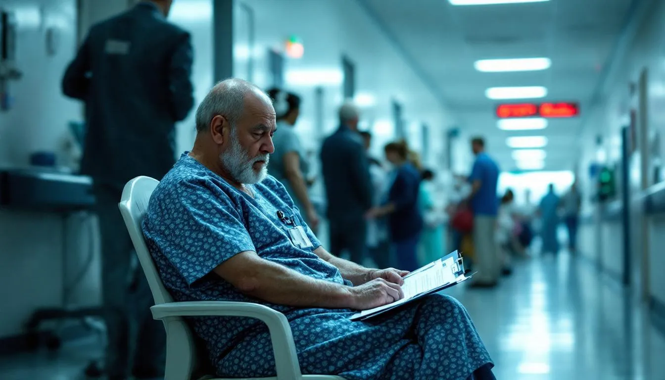 W szpitalnej kolejce stoi pacjent, który czeka na wizytę. W tle widać inne osoby, a w powietrzu unosi się atmosfera oczekiwania na pomoc medyczną, co może być związane z zaburzeniami snu i potrzebą skonsultowania się w sprawie leków nasennych bez recepty.