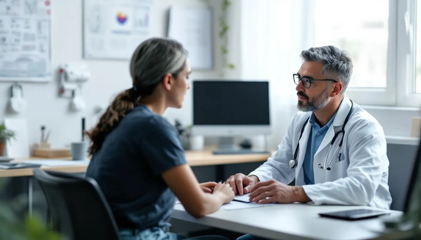 W obrazie widoczny jest lekarz rozmawiający z pacjentem w gabinecie medycznym.