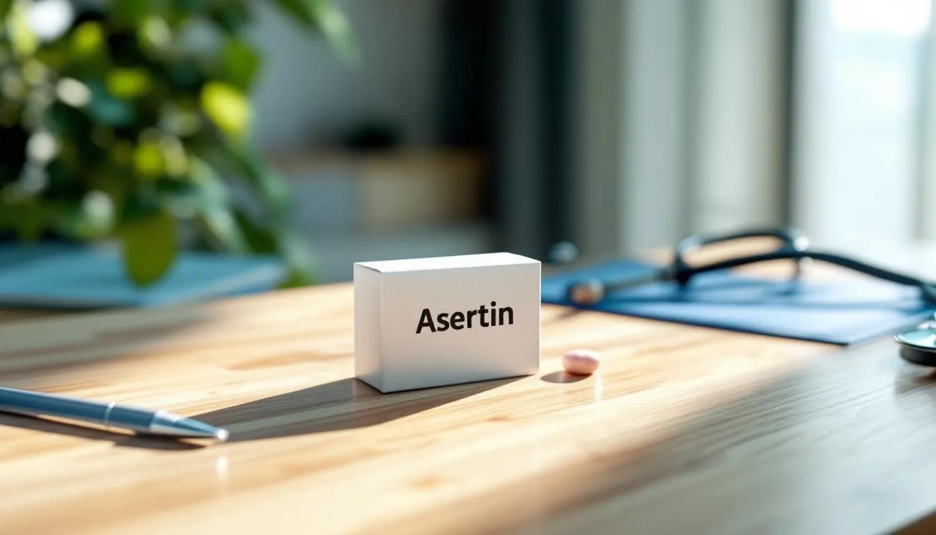 Na biurku lekarza znajduje się opakowanie leku Asertin 50 mg, które jest stosowane w leczeniu zaburzeń psychicznych, takich jak depresja i zespół lęku społecznego. Opakowanie sugeruje, że lek może powodować działania niepożądane, takie jak zaburzenia czynności seksualnych czy bóle głowy.