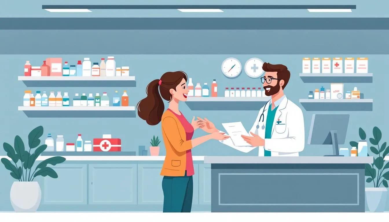 Realizacja e recepty w aptece. Obrazek przedstawia aptekę z klientem i farmaceutą.