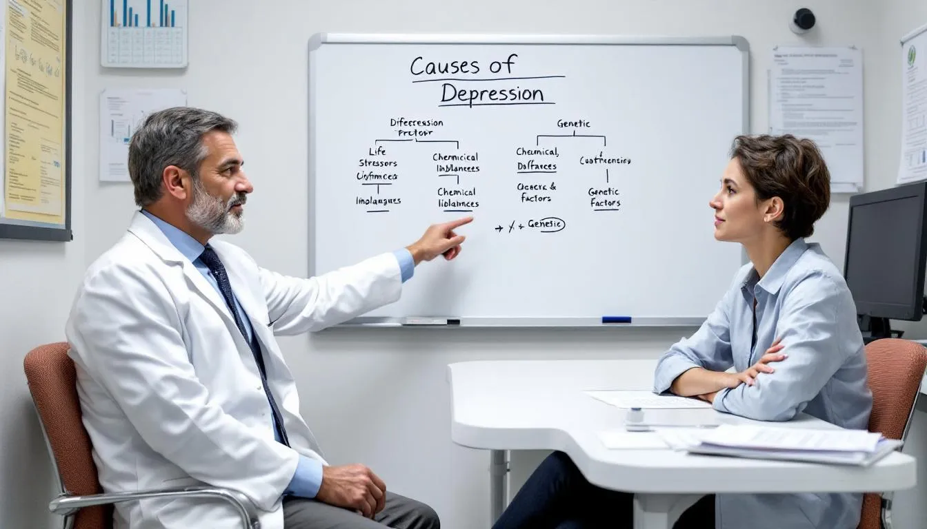 . W obrazie lekarz wyjaśnia pacjentowi różne przyczyny depresji, wskazując na diagram, który ilustruje objawy depresji, takie jak obniżony nastrój, zaburzenia snu i utrata zainteresowań. Rozmowa koncentruje się na diagnostyce depresji oraz metodach leczenia, podkreślając znaczenie rozpoznania objawów depresyjnych w kontekście zdrowia psychicznego.