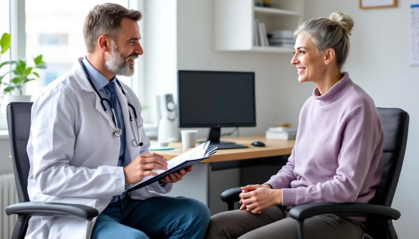 W obrazie lekarz rozmawia z pacjentem o leku doreta, omawiając jego właściwości przeciwbólowe oraz potencjalne działania niepożądane, takie jak zawroty głowy czy zaburzenia snu. Pacjent wydaje się zainteresowany informacjami na temat dawkowania oraz możliwego skojarzonego użycia z innymi lekami przeciwbólowymi.