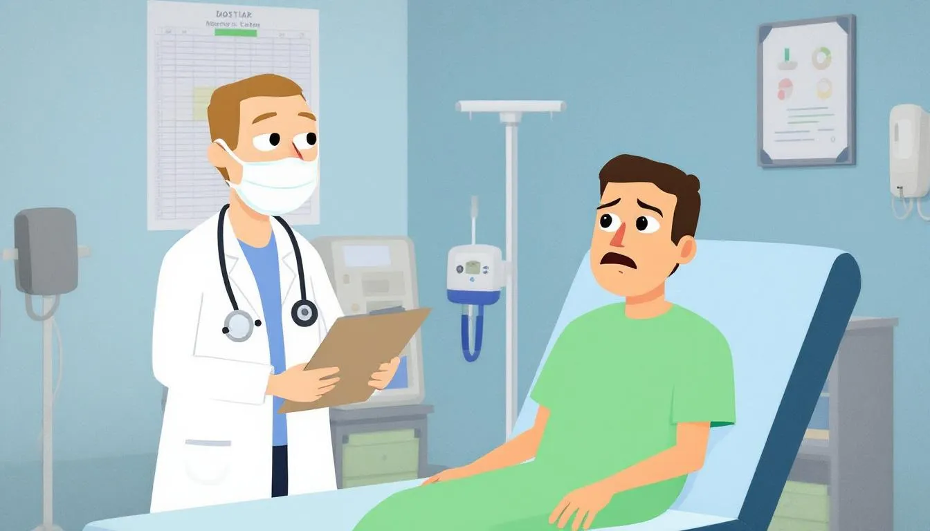 . The image depicts a doctor and a patient engaged in an online consultation, discussing the patient's health status and the potential need for a zwolnienie lekarskie (sick leave). The scene emphasizes the convenience of obtaining an electronic zwolnienie lekarskie online without the need for in-person visits.