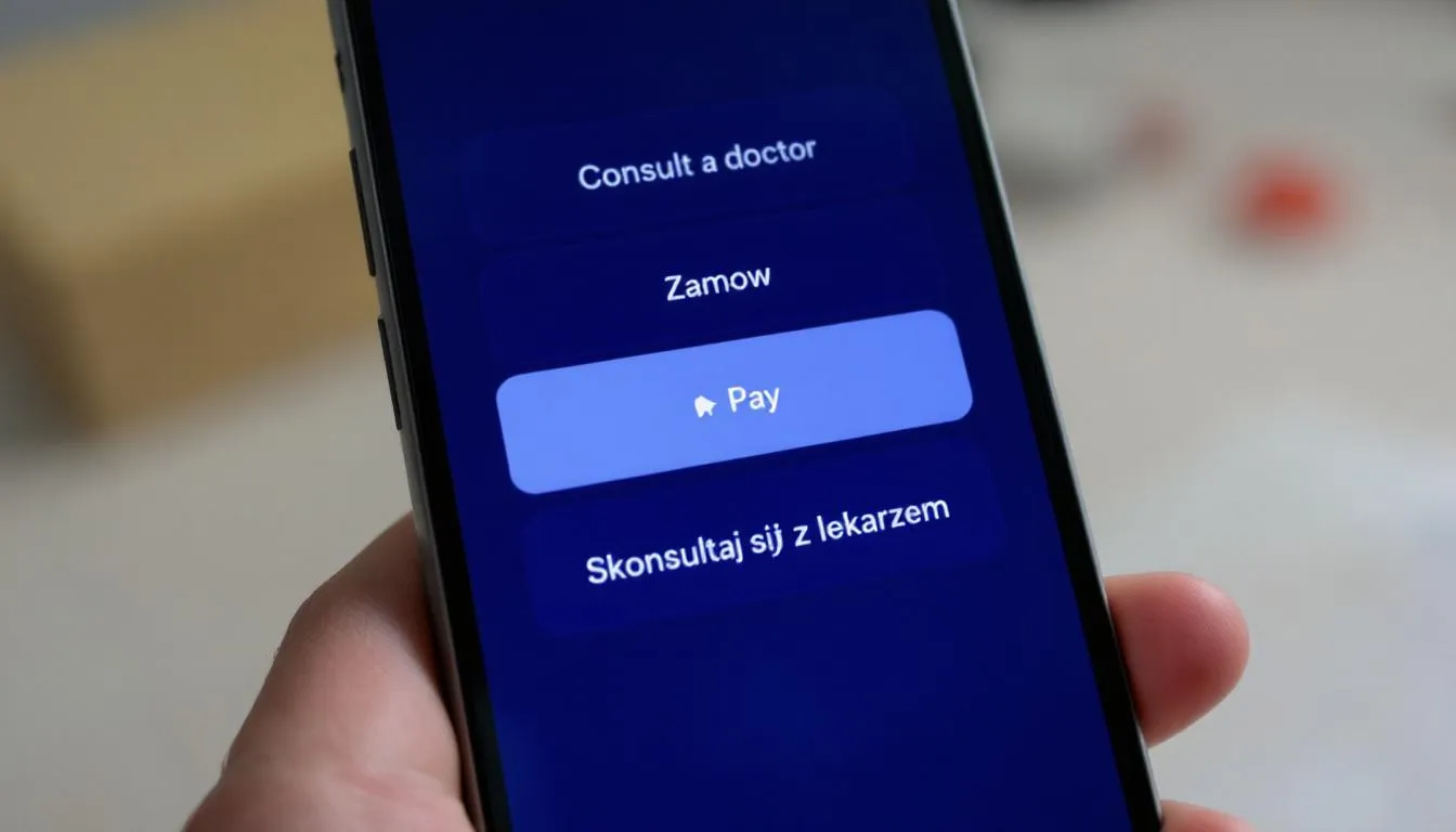 Wizualizacja przedstawia proces zamawiania i płacenia za konsultację lekarską online, umożliwiając pacjentom szybkie uzyskanie zwolnienia lekarskiego. Obrazek ilustruje interfejs platformy, gdzie można skonsultować się z lekarzem oraz wystawić elektroniczne zwolnienie lekarskie.
