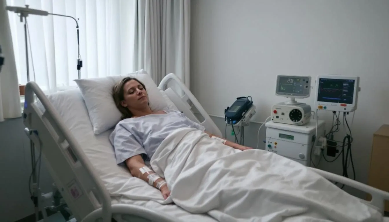 W szpitalnym łóżku leży chory pacjent, który wygląda na osłabionego i zmęczonego. Wokół niego znajdują się medyczne urządzenia monitorujące oraz butelki z lekami, co może sugerować, że przyjmuje leki, takie jak lek xanax, w celu łagodzenia objawów zaburzeń lękowych.