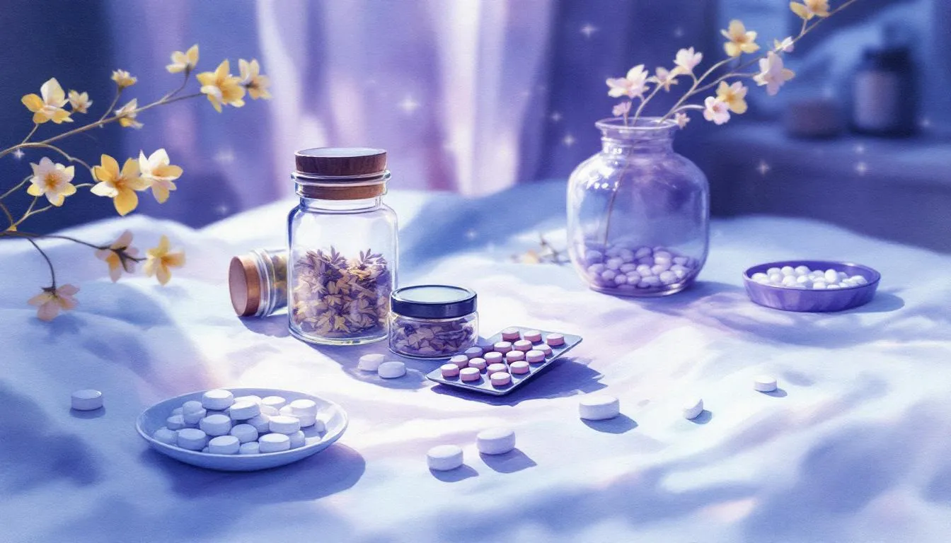 Różne rodzaje leków nasennych, w tym tabletki i preparaty ziołowe.
