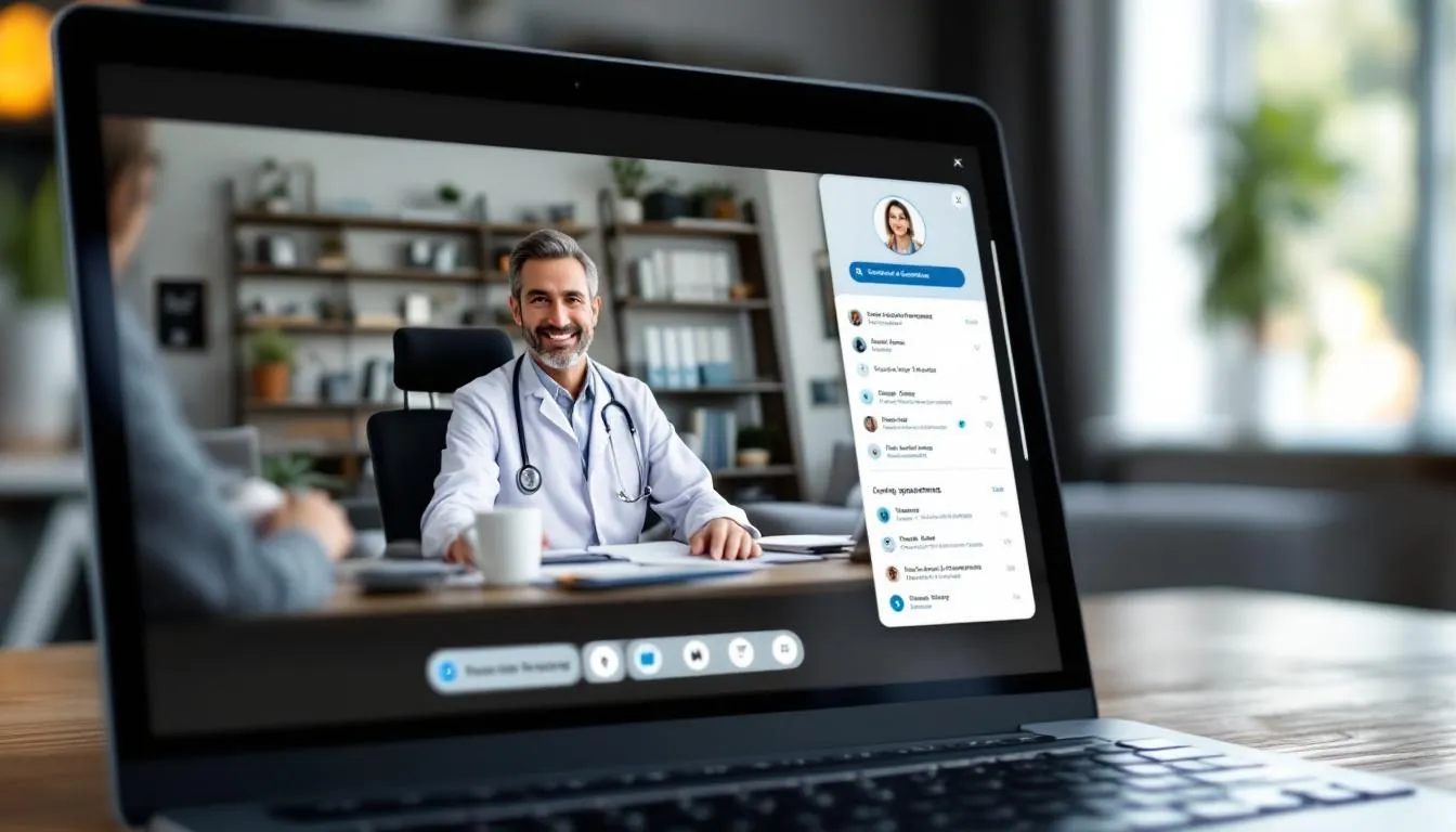 . Obrazek przedstawia ekran platformy medycznej, na którym widoczny jest interfejs do przeprowadzenia konsultacji online z lekarzem, umożliwiający uzyskanie e-recepty na przepisane leki bez konieczności wychodzenia z domu. W tle można dostrzec elementy związane z internetowym kontem pacjenta, co podkreśla wygodę korzystania z recepty online. .