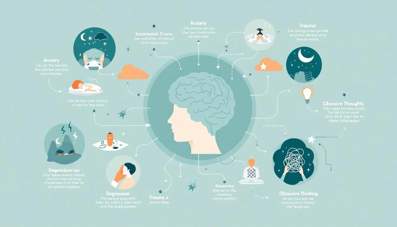 Diagram przedstawiający czynniki wpływające na bezsenność związane z zaburzeniami psychicznymi.