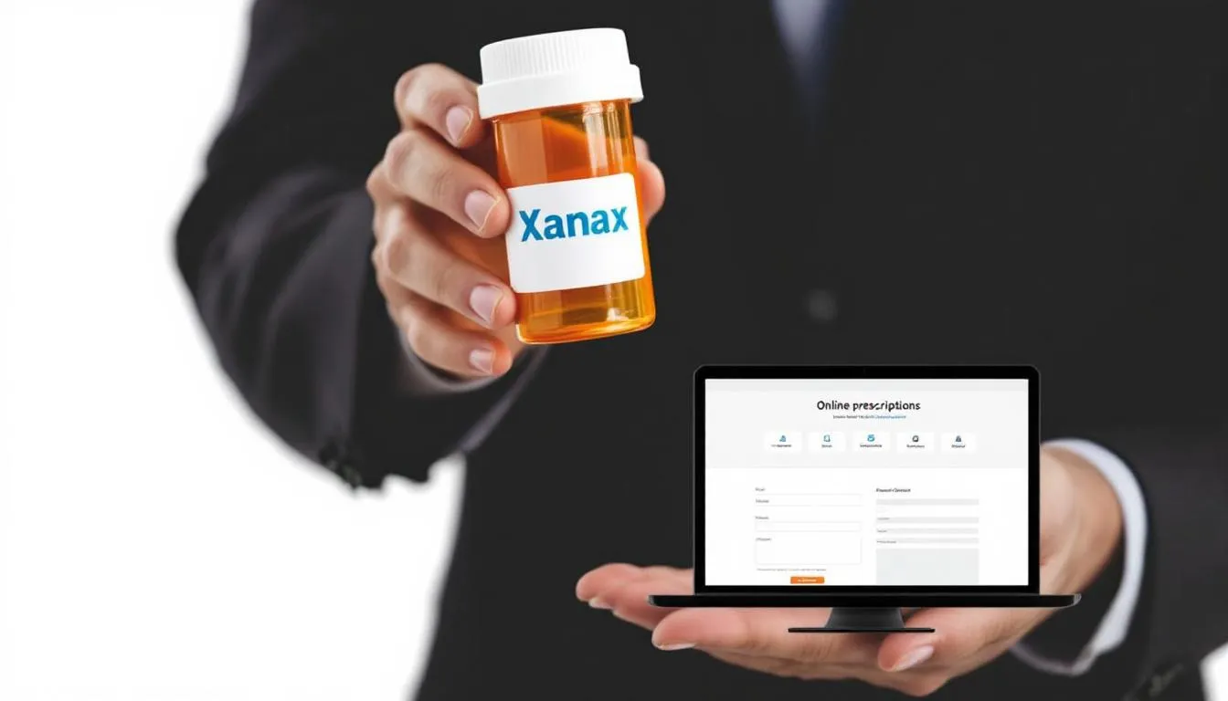 . The image depicts a conceptual representation of obtaining an e-recepta for Xanax online, illustrating the process of digital consultation and prescription for treating anxiety disorders, emphasizing the importance of following a doctor's recommendations.