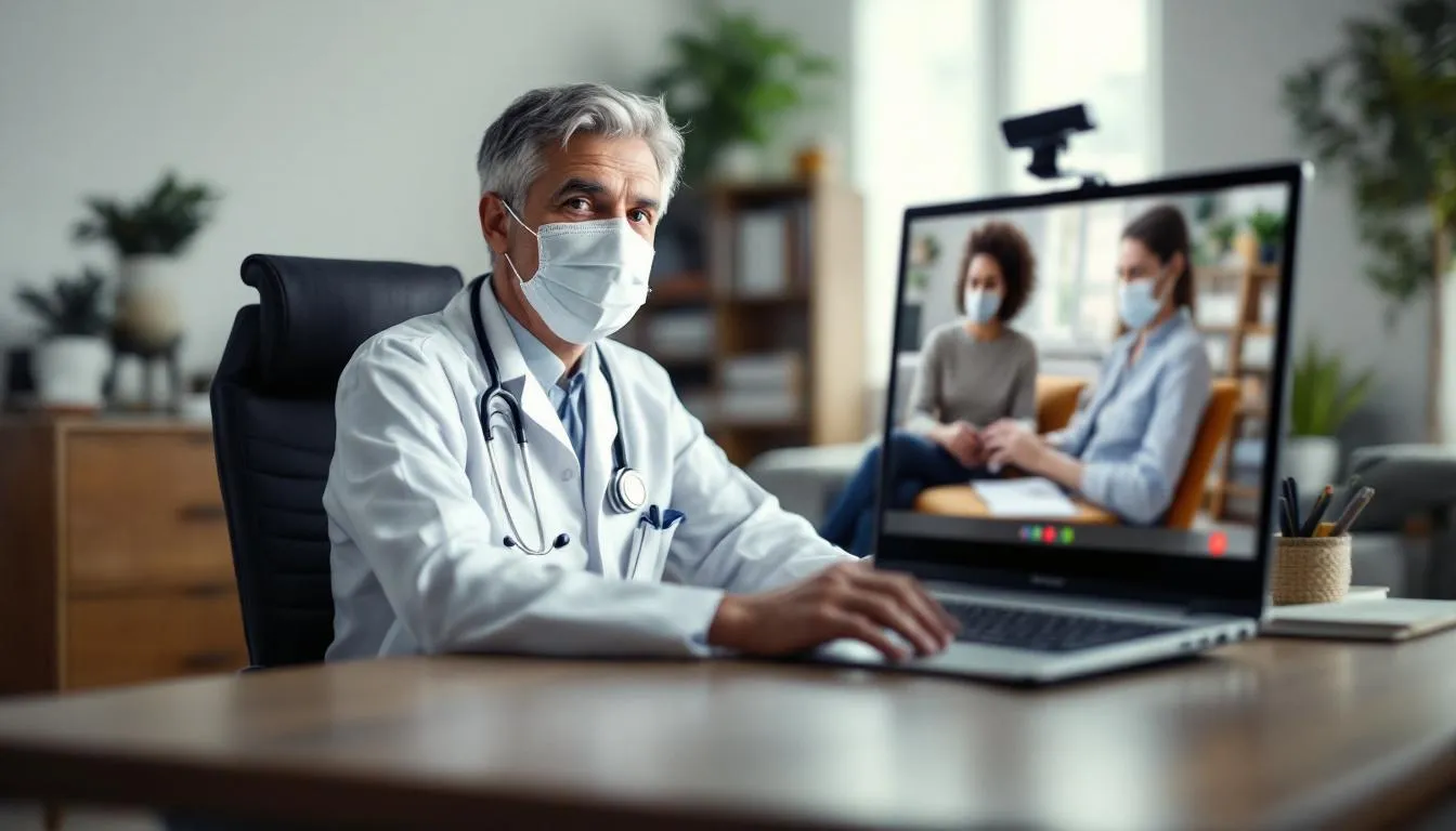 Na obrazie widoczny jest lekarz prowadzący rozmowę online z pacjentem, oceniający stan zdrowia oraz omawiający możliwość wystawienia zwolnienia lekarskiego online. W tle można dostrzec elementy biura, co podkreśla profesjonalny charakter konsultacji lekarskiej.