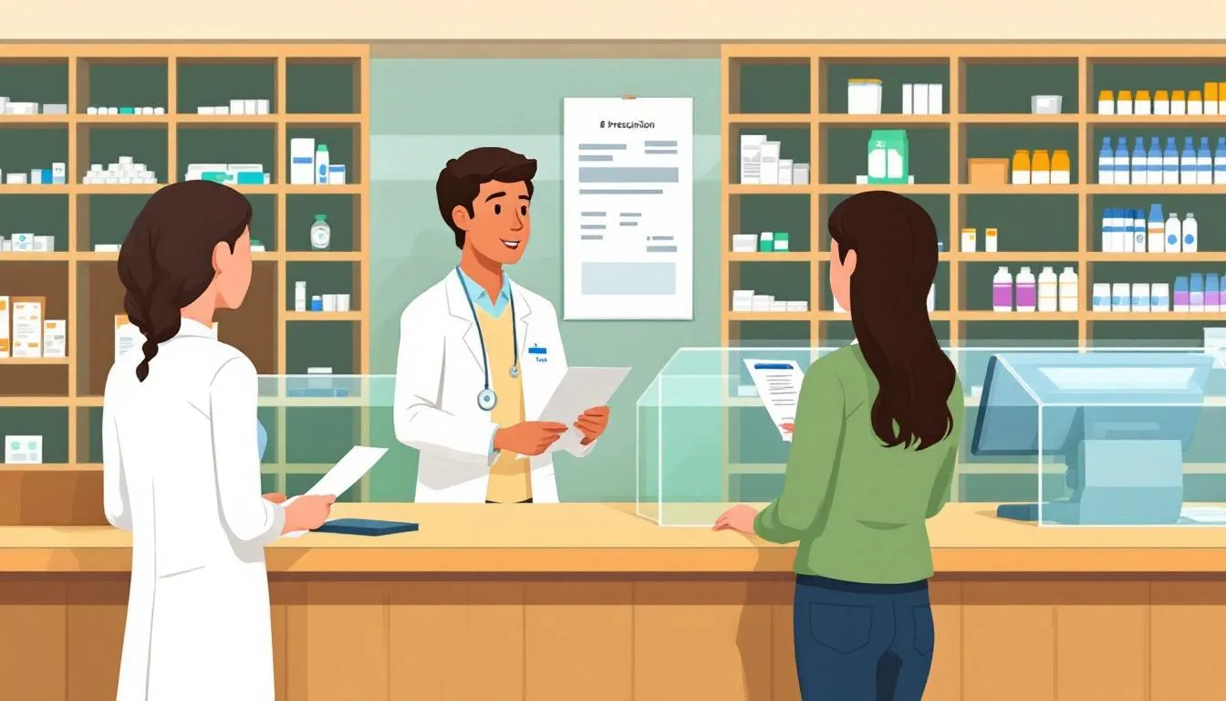 . The image depicts a pharmacist assisting a patient in a pharmacy, where the patient is presenting an electronic prescription for medication. The scene illustrates the process of realizing an e-recepta, highlighting the convenience of receiving prescriptions online through an internetowe konto pacjenta.