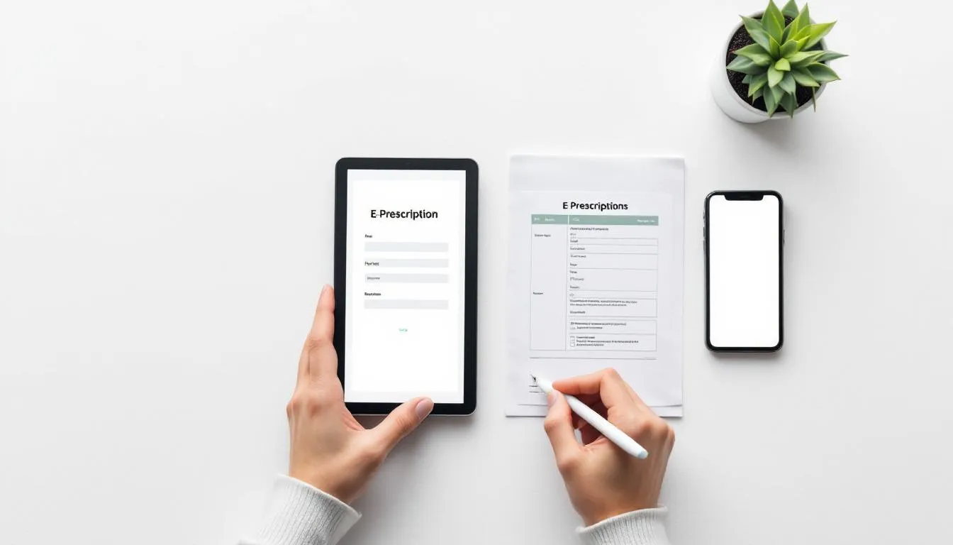 . The image depicts the advantages of using e-prescriptions, showcasing elements such as a computer and a smartphone, symbolizing the convenience of accessing online prescriptions and consultations without leaving home.
