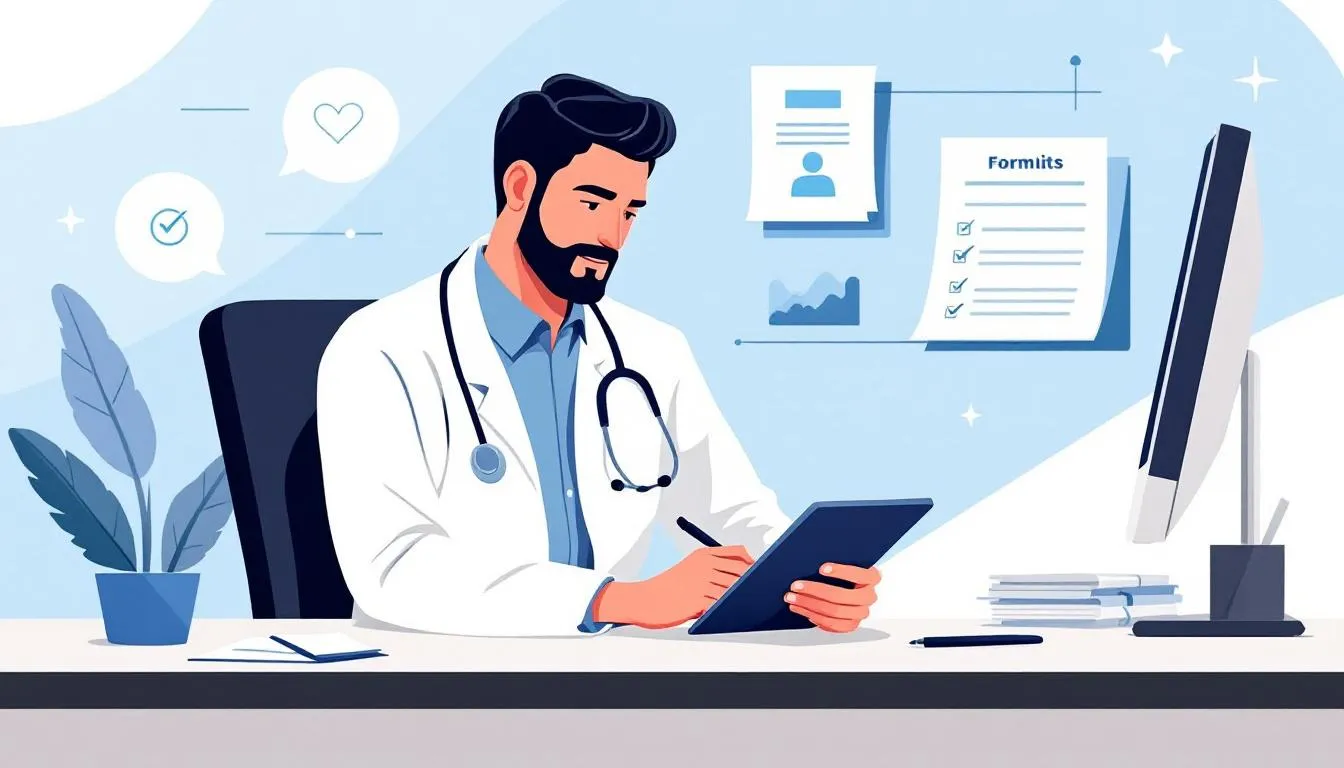 Proces wystawienia e-ZLA przez lekarza, z obrazem lekarza w trakcie konsultacji.