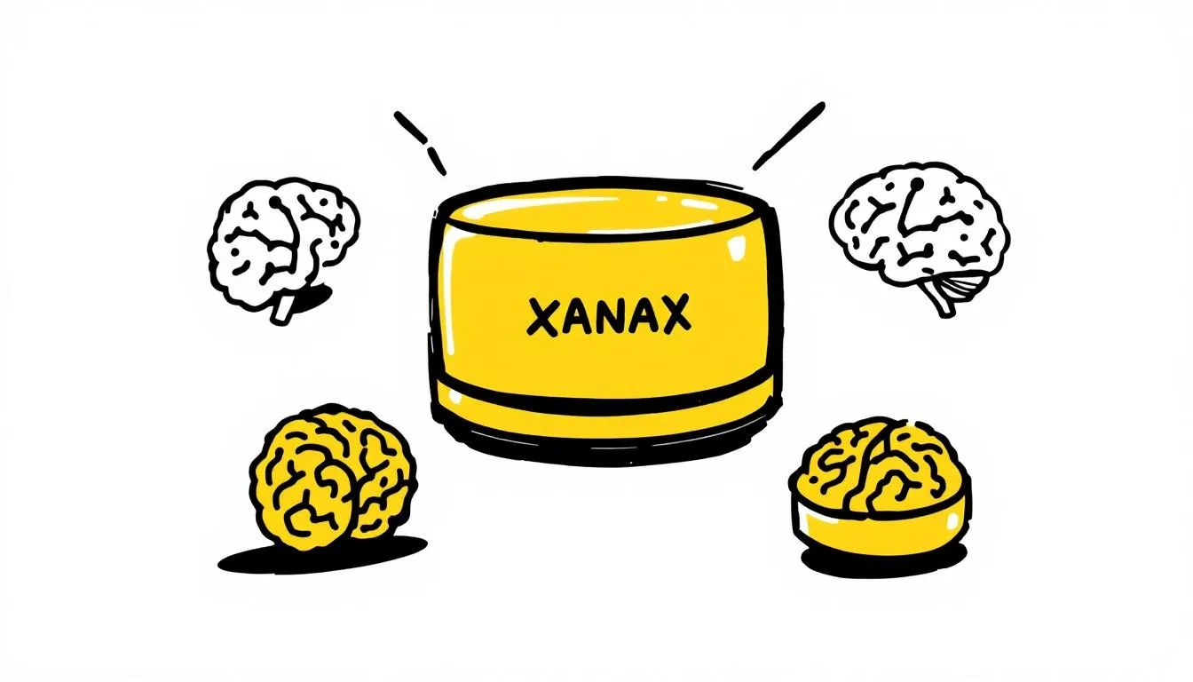 <img src="xanax_graphic.jpg" alt="Grafika przedstawiająca działanie leku Xanax, który jest substancją czynną alprazolam. Obraz ilustruje jego wpływ na ośrodkowy układ nerwowy, związany z leczeniem stanów lękowych oraz ryzykiem uzależnienia." />