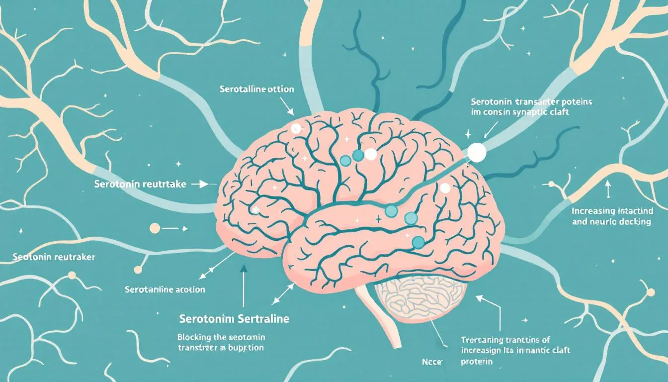 Ilustracja przedstawiająca działanie sertraliny na neurotransmitery w mózgu.