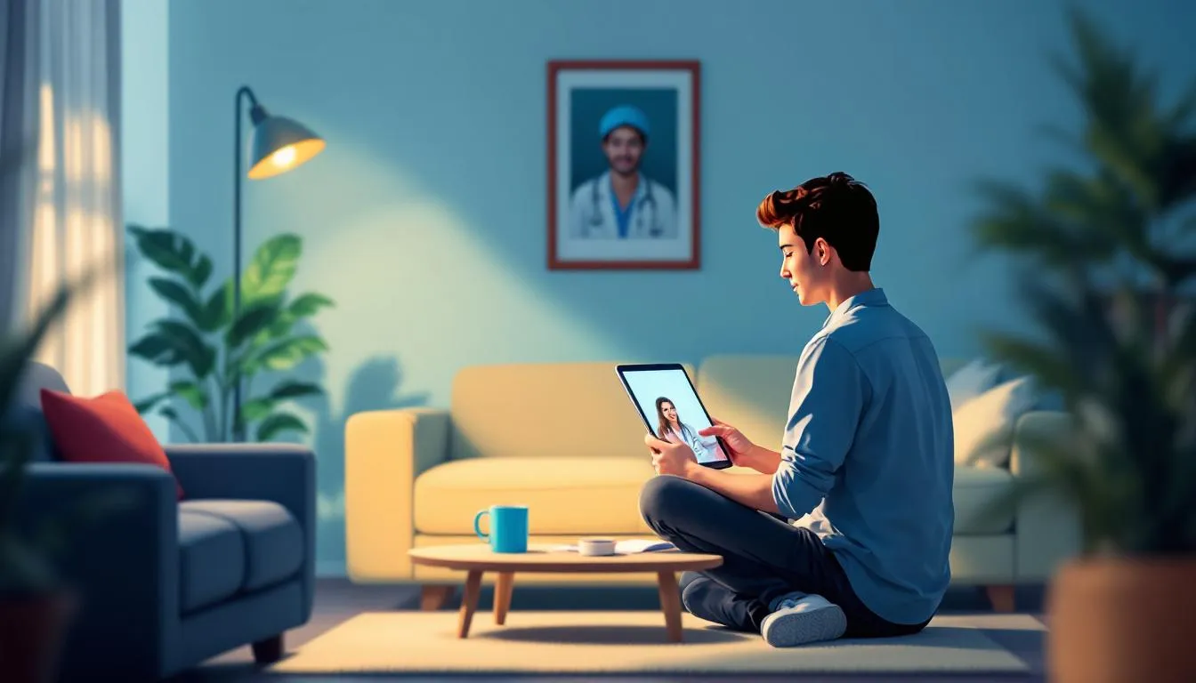 Obraz przedstawiający osobę korzystającą z teleporady lekarskiej.