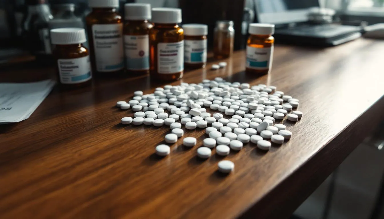 Na biurku lekarza znajduje się wiele opakowań leków nasennych oraz przeciwdepresyjnych, co sugeruje, że są one przeznaczone do leczenia zaburzeń snu i problemów psychicznych pacjentów. Wśród nich mogą być niebenzodiazepinowe leki nasenne, które są używane w terapii bezsenności oraz innych zaburzeń lękowych.