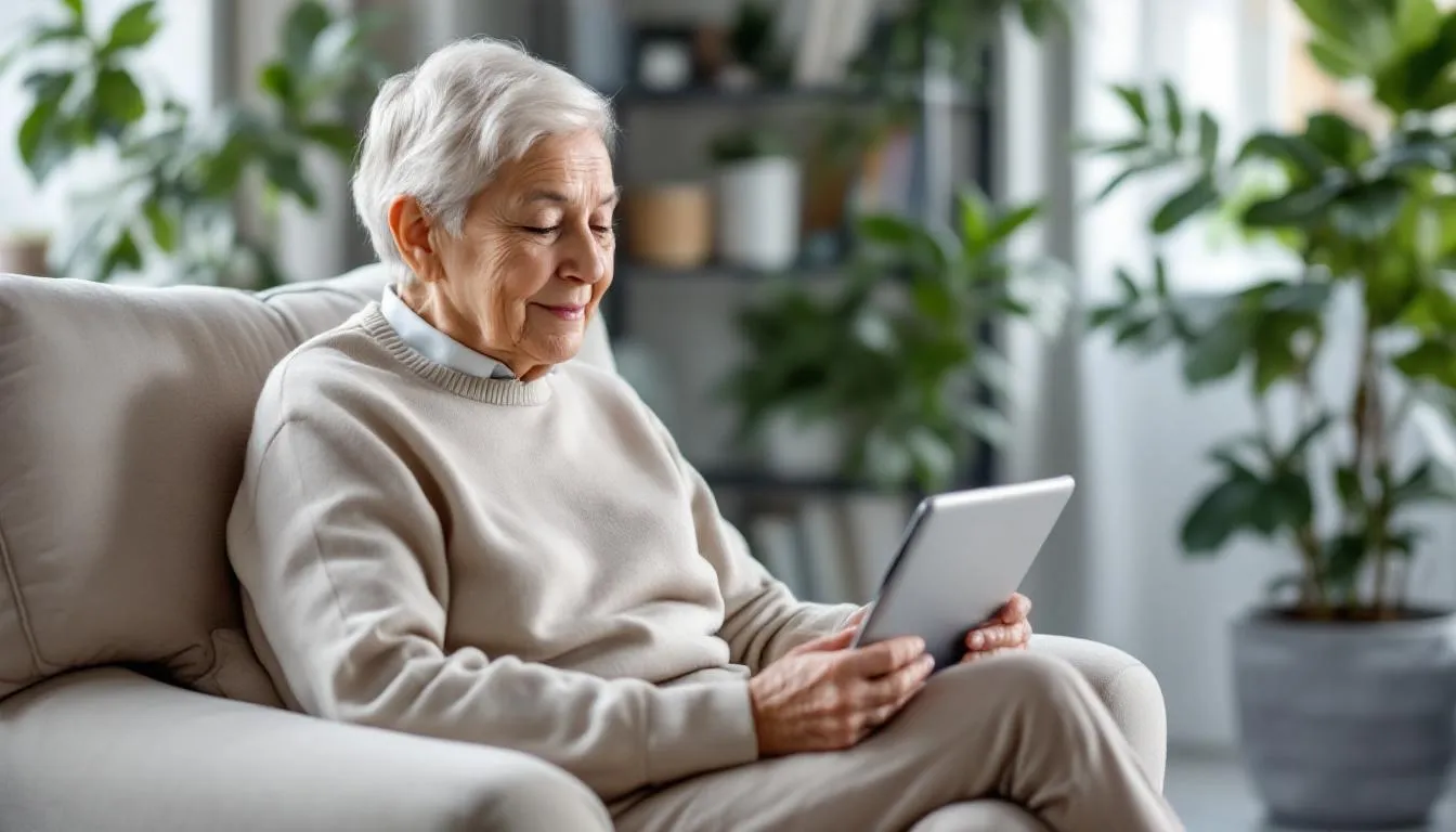 W obrazie widoczny jest senior siedzący w wygodnym fotelu, korzystający z tabletu do przeprowadzenia konsultacji medycznej online. Dzięki internetowemu kontu pacjenta ma możliwość uzyskania e-recepty na potrzebne leki bez konieczności wychodzenia z domu.